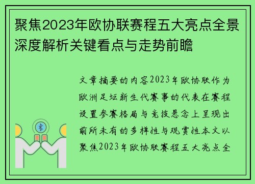 聚焦2023年欧协联赛程五大亮点全景深度解析关键看点与走势前瞻